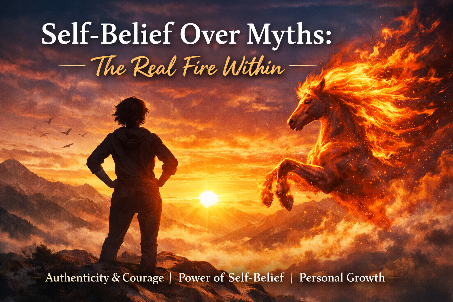 Silhouette of a person facing a fiery horse at sunrise symbolizing self-belief over myths and inner strength.