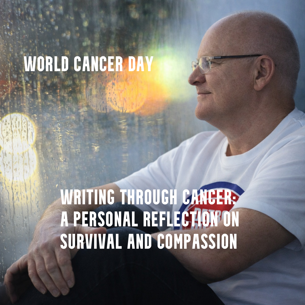 Rick Ollie sitting thoughtfully by a rain-covered window looking toward city lights, representing reflection, resilience, and support for World Cancer Day.