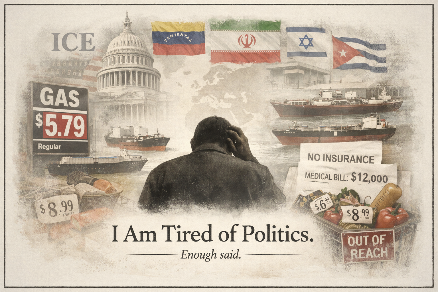 man overwhelmed by politics with global conflict, high gas prices, food costs, healthcare bills, and immigration issues surrounding him