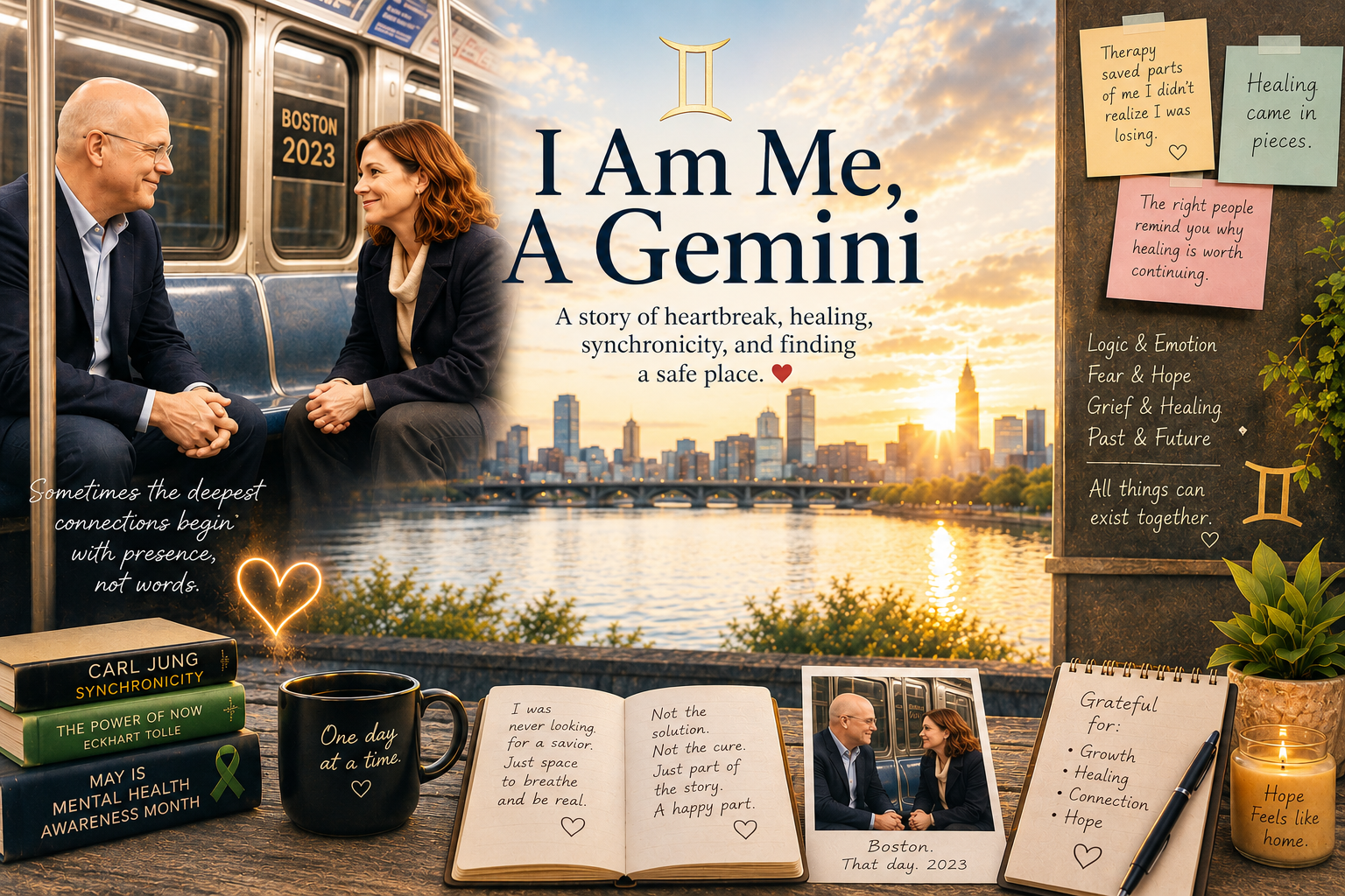 Cinematic feature image of Rick and Maya sitting across from each other on a Boston subway car during sunset with Gemini-inspired healing and mental health themes surrounding the scene.