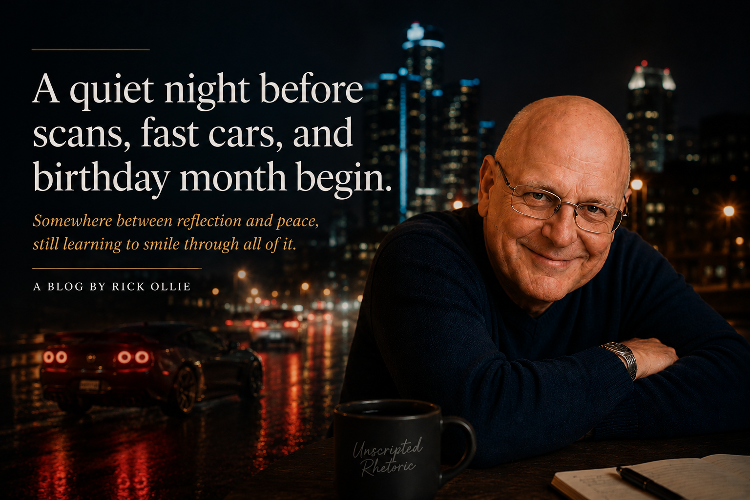 Cinematic blog feature image of a smiling bald man with glasses leaning on a table at night with a blurred Detroit cityscape, rain-soaked streets, and glowing car lights in the background alongside reflective typography.
