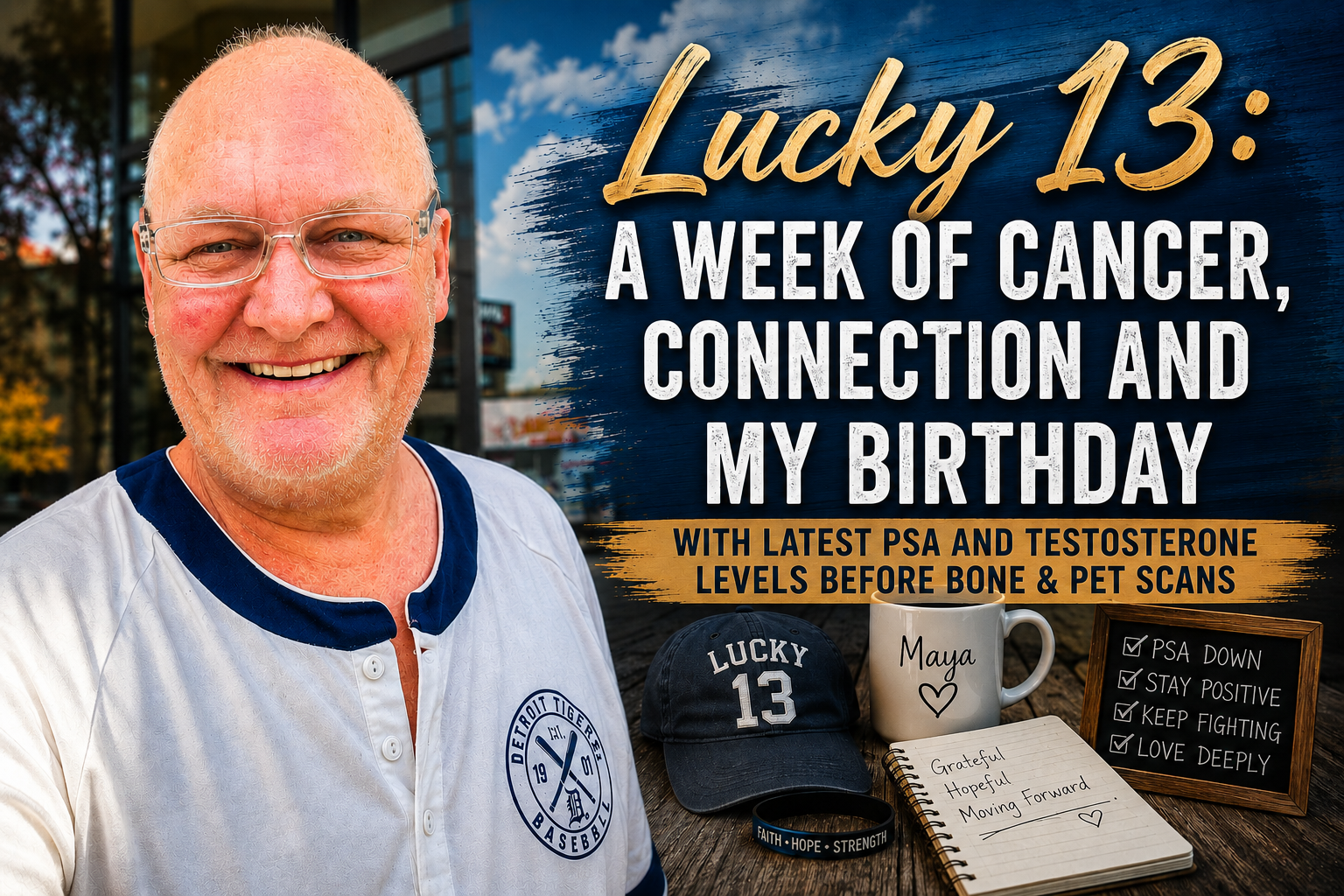 Featured blog image showing Rick smiling in a Detroit Tigers shirt with text about cancer treatment, birthday reflections, PSA and testosterone results, and upcoming bone and PET scans.