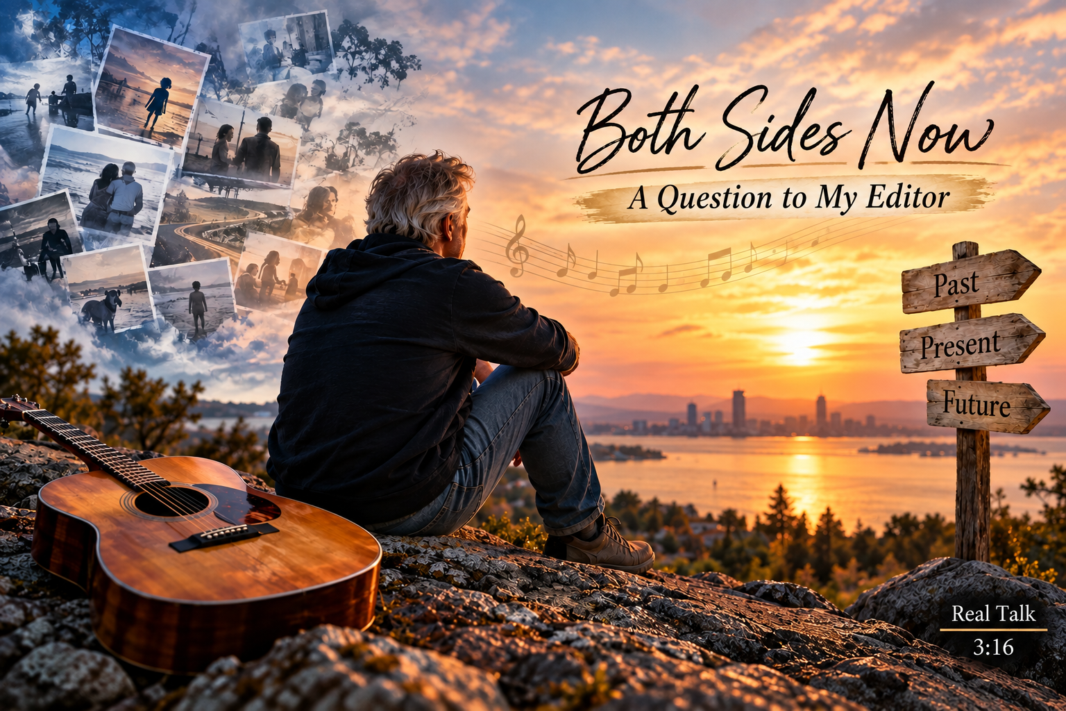 A contemplative man sits overlooking a sunset waterfront with an acoustic guitar, surrounded by imagery representing the past, present and future, with the words “Both Sides Now” and “A Question to My Editor.”
